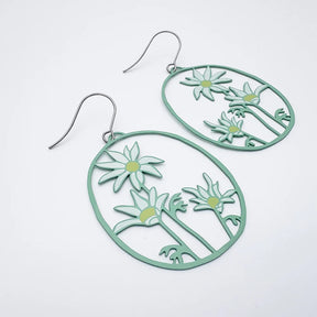 Pair of DENZ Flannel Flower earrings on a white background