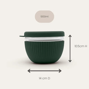 Seed & Sprout 1000ml glass lunch bowl featuring a dark green ribbed silicone sleeve and matching lid, displayed with dimension annotations.