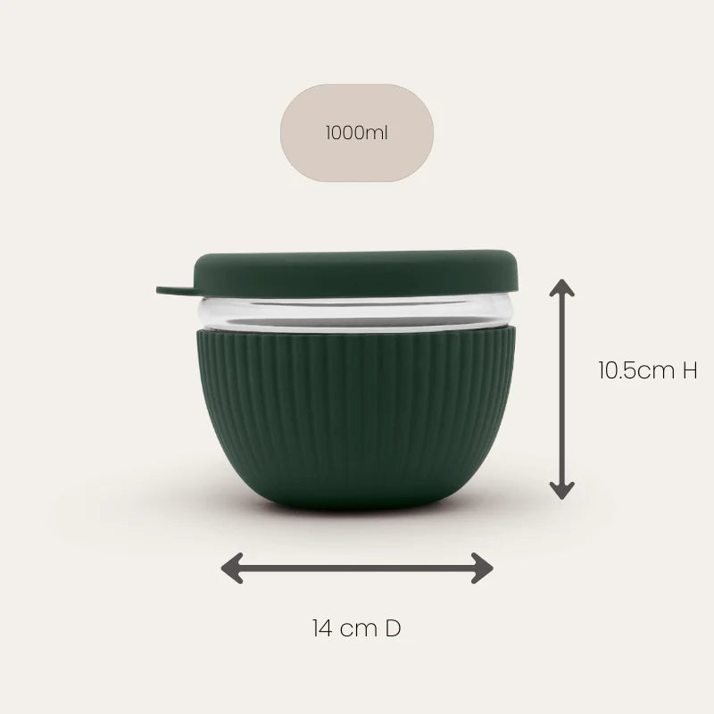 Seed & Sprout 1000ml glass lunch bowl featuring a dark green ribbed silicone sleeve and matching lid, displayed with dimension annotations.