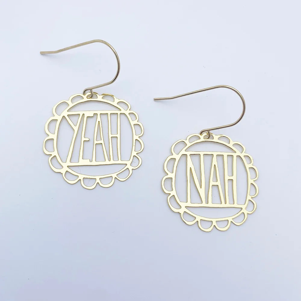 DENZ Gold-tone scalloped circle drop earrings with geometric cutout design and hook fastening on white background