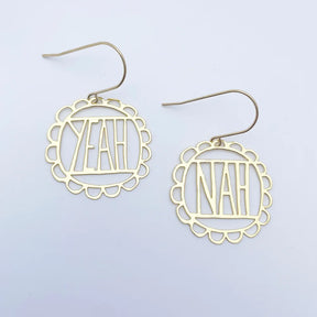 DENZ Gold-tone scalloped circle drop earrings with geometric cutout design and hook fastening on white background