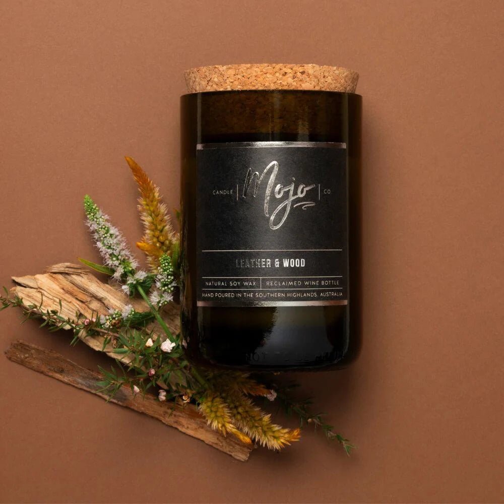 Mojo Leather & Wood Wine Bottle Candle 