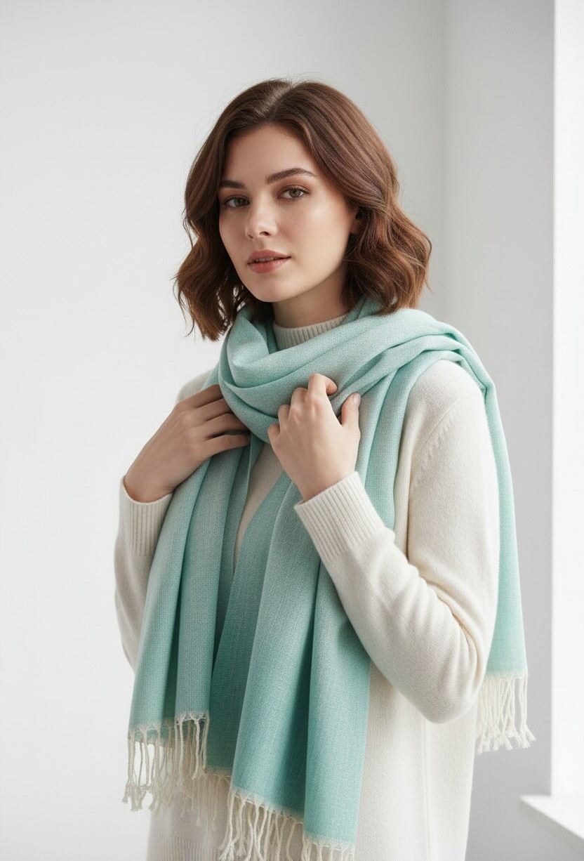 Nine YaksNine Yaks Cotton Scarf - White Tassels Green same day gift delivery melbourne
