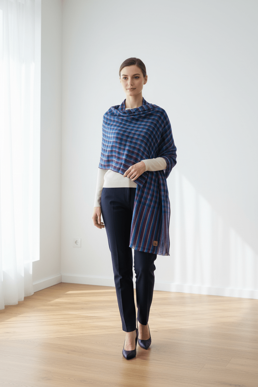 Nine YaksNine Yaks Fine Cashmere Shawl - Blue & Plum Plaid same day gift delivery melbourne