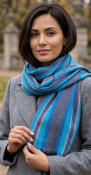 Nine YaksNine Yaks Fine Cashmere Shawl - Teal & Blue Multi Stripe same day gift delivery melbourne