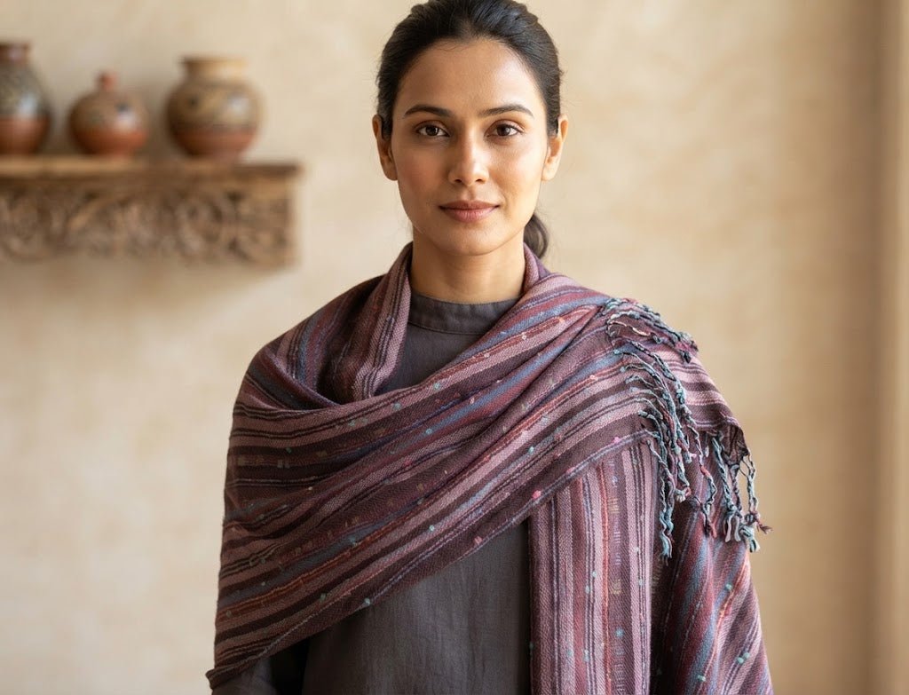 PookipoigaHandmade Cotton Net Scarf - Aubergine, Teal & Berry Woven Stripes same day gift delivery melbourne