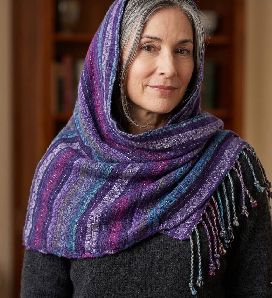PookipoigaHandmade Cotton Net Scarf - Boho Navy & Amethyst Mosaic Stripe same day gift delivery melbourne