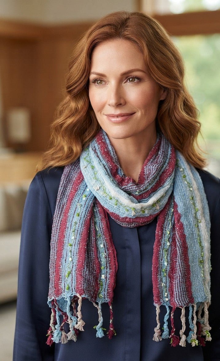 PookipoigaHandmade Cotton Net Scarf - Burgundy & Sky Blue Stripe same day gift delivery melbourne