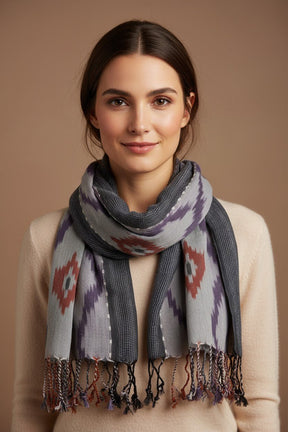 PookipoigaHandmade Cotton Net Scarf - Ikat Diamond in Grey & Plum same day gift delivery melbourne