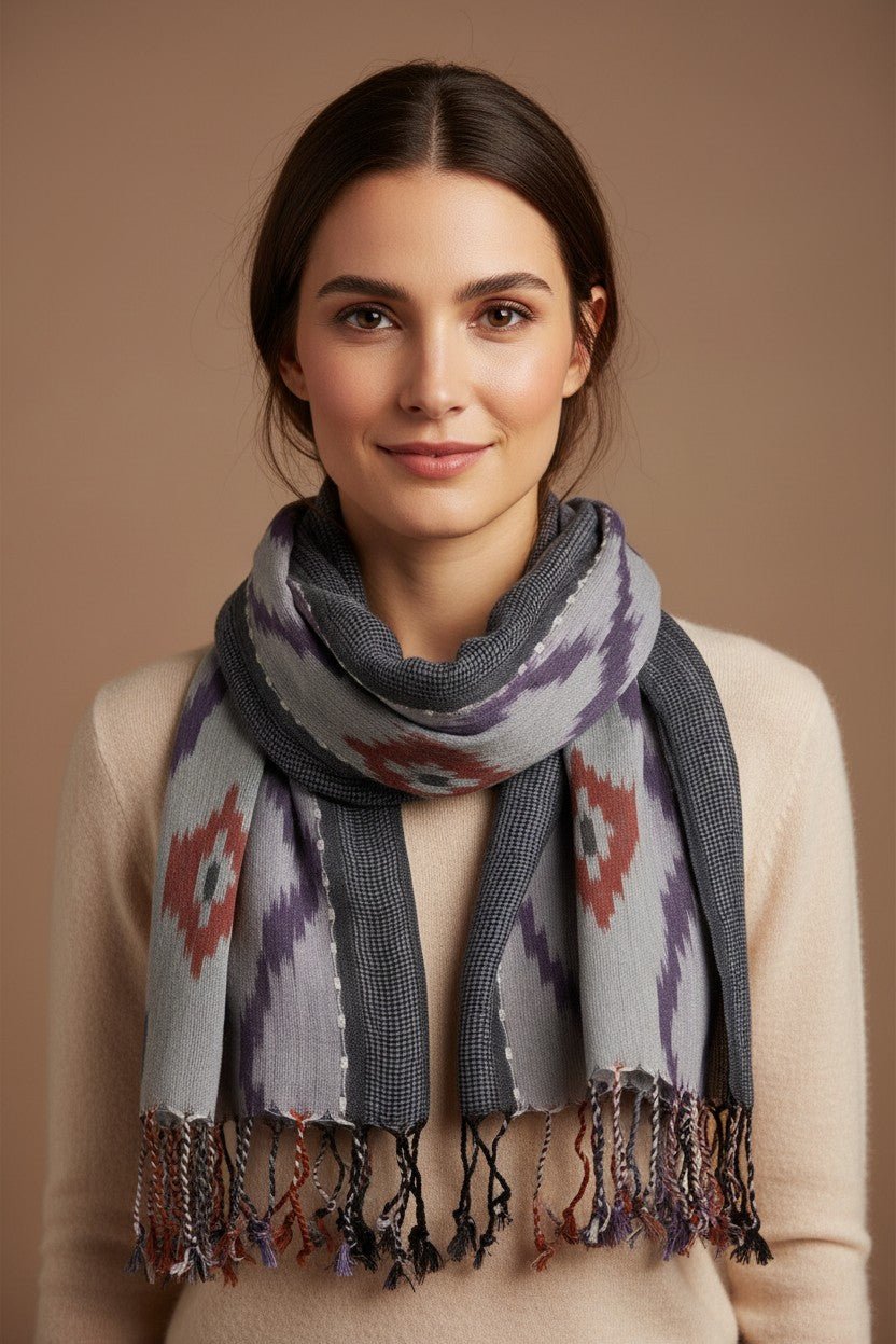 PookipoigaHandmade Cotton Net Scarf - Ikat Diamond in Grey & Plum same day gift delivery melbourne