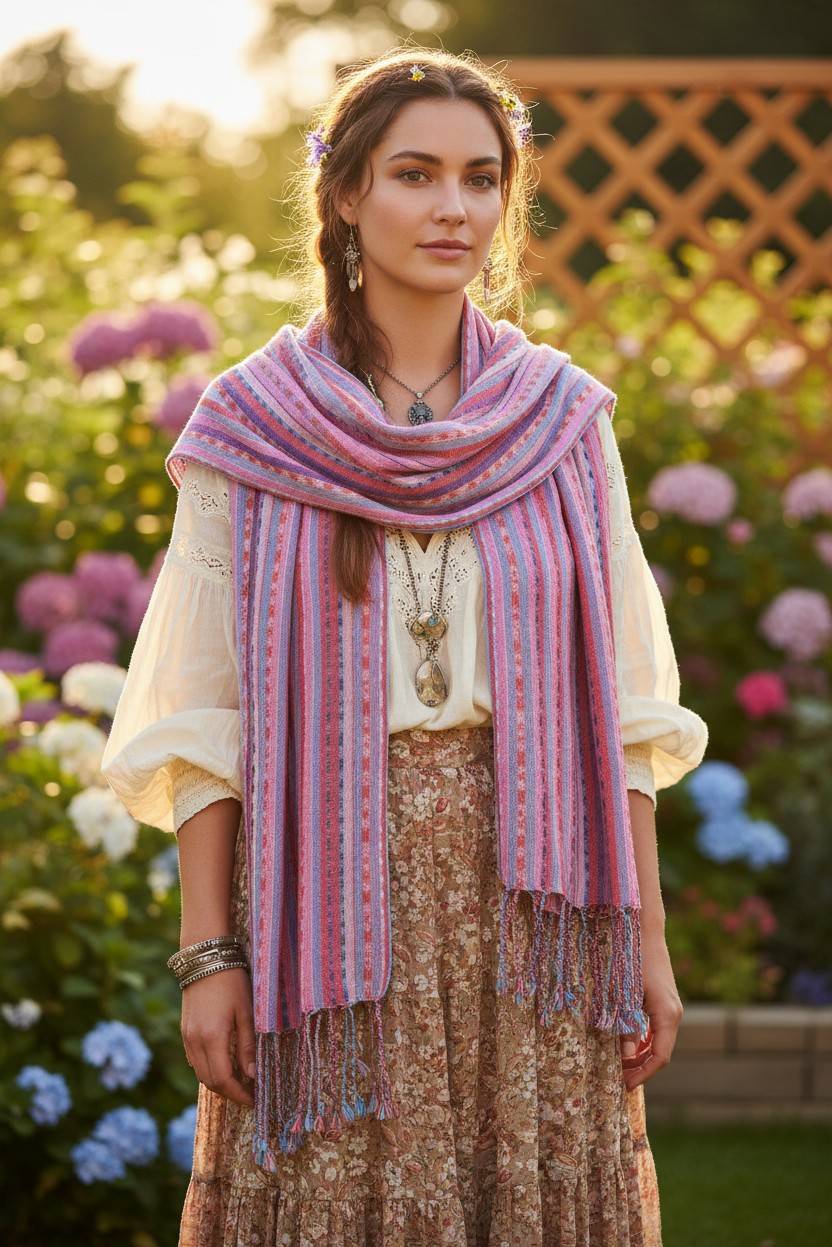 PookipoigaHandmade Cotton Net Scarf - Rose Blush & Periwinkle Vertical Stripe same day gift delivery melbourne