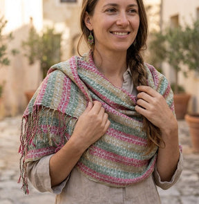PookipoigaHandmade Cotton Net Scarf - Sage Mint & Raspberry Boho Stripe same day gift delivery melbourne