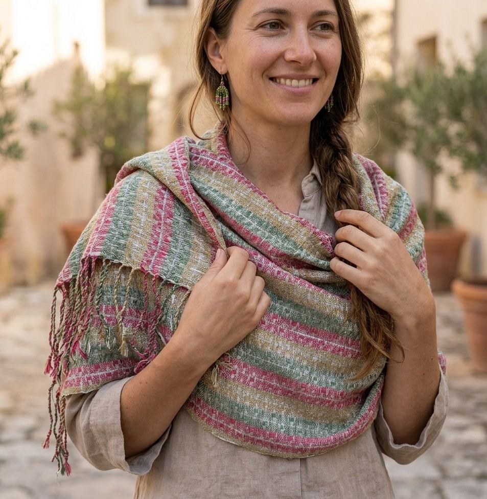 PookipoigaHandmade Cotton Net Scarf - Sage Mint & Raspberry Boho Stripe same day gift delivery melbourne