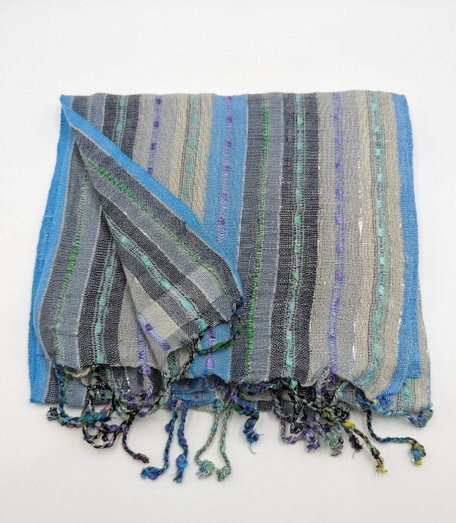 PookipoigaHandmade Cotton Net Scarf - Steel Blue & Charcoal Mosaic Stripe same day gift delivery melbourne