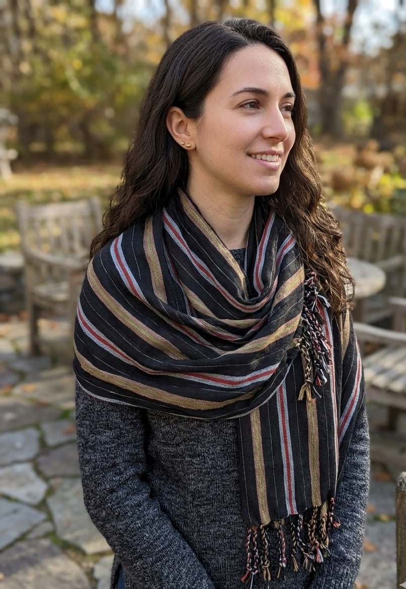 PookipoigaHandmade Cotton Scarf - Charcoal & Camel Vertical Stripe same day gift delivery melbourne
