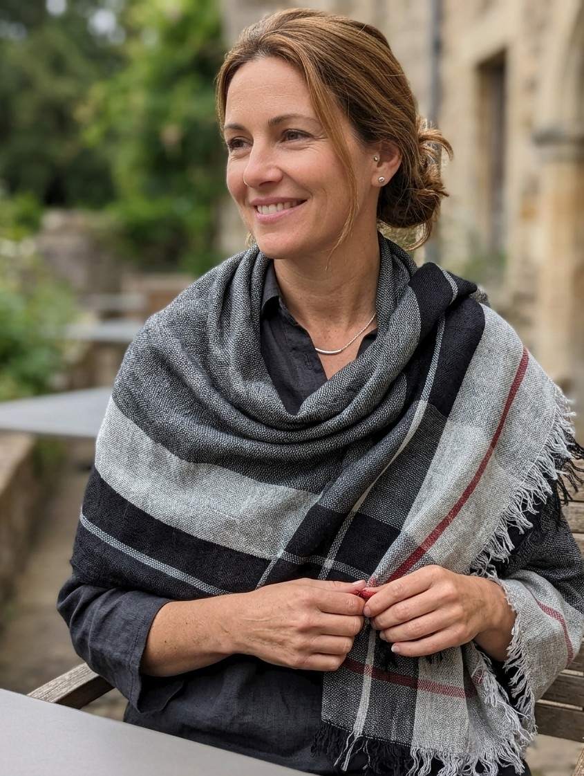 PookipoigaHandmade Linen Scarf - Charcoal & Burgundy Block Stripe same day gift delivery melbourne
