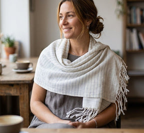 PookipoigaHandmade Linen Scarf - Natural White & Grey Pinstripe same day gift delivery melbourne