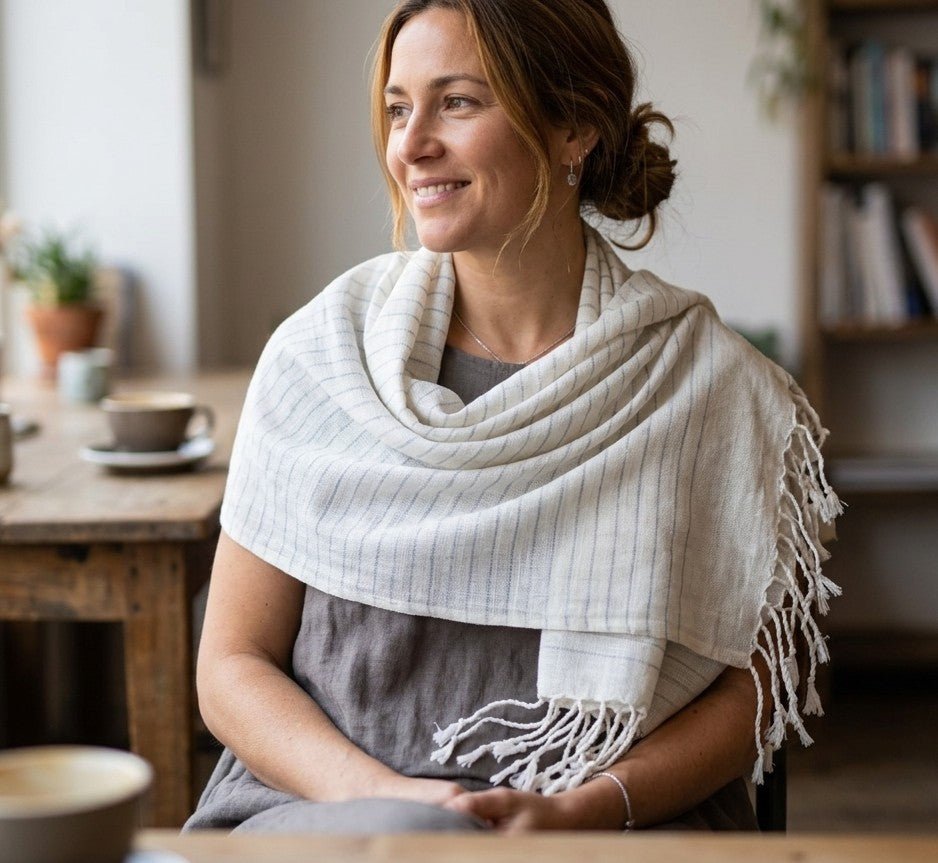 PookipoigaHandmade Linen Scarf - Natural White & Grey Pinstripe same day gift delivery melbourne