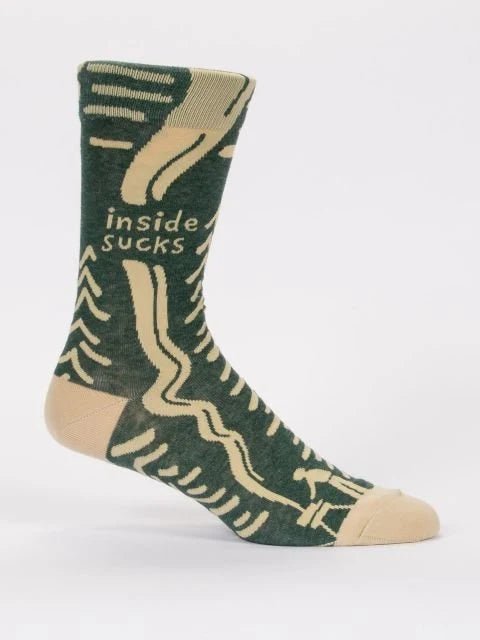 Blue Q Inside Sucks Dark Green Novelty Crew Socks Side View.