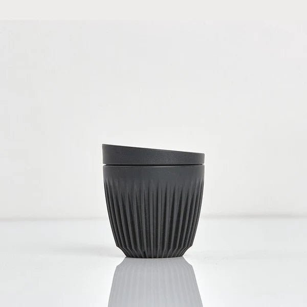 Huskee Cup Reusable Coffee Cup Charcoal Grey 6oz With Lid Side Profile.