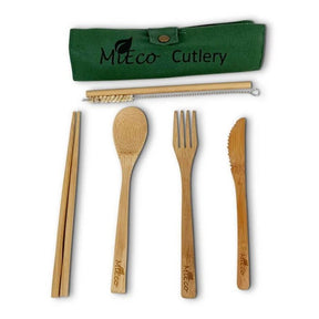 iEco Reusable Bamboo Cutlery Set Travel Flatlay With Green Pouch.