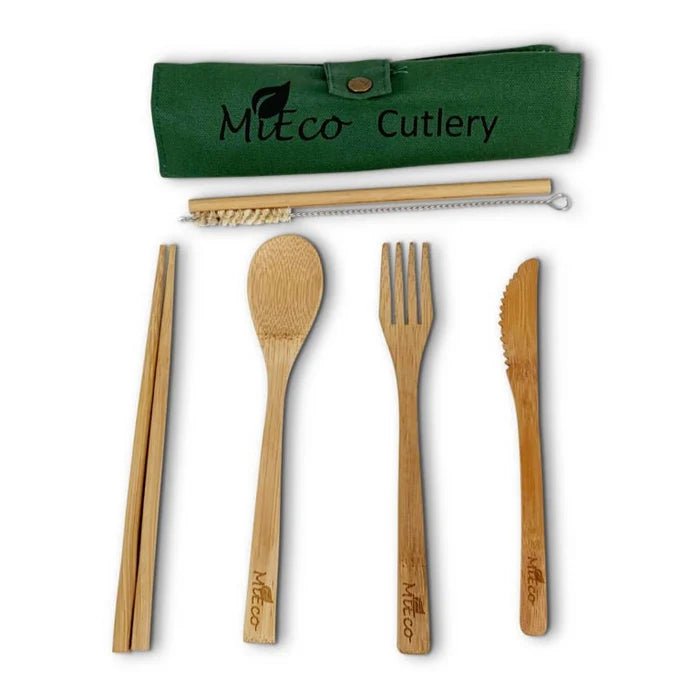 iEco Reusable Bamboo Cutlery Set Travel Flatlay With Green Pouch.