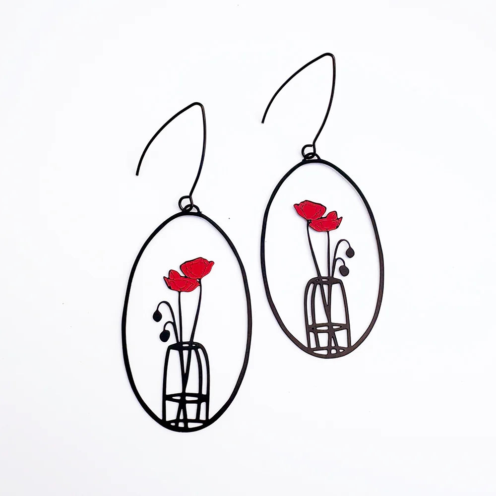 DENZ Poppy Vase earrings in black and red with hand-drawn poppy and vase design