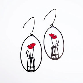 DENZ Poppy Vase earrings in black and red with hand-drawn poppy and vase design