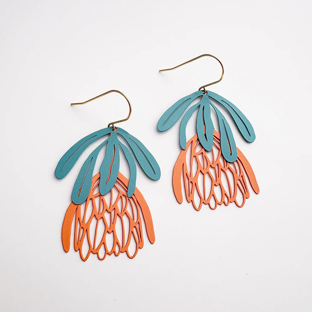 DENZ Protea Flower dangle earrings in teal and orange with hand-drawn botanical design