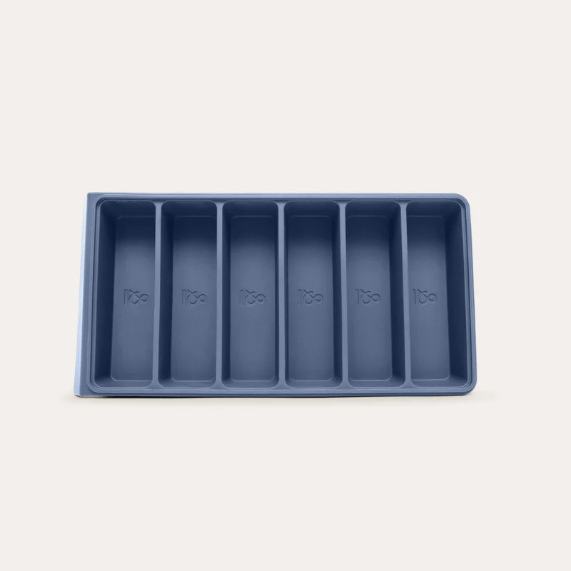 Seed & Sprout 6 portion silicone freezer tray in blueberry, featuring six individual 100ml compartments with embossed logo branding.