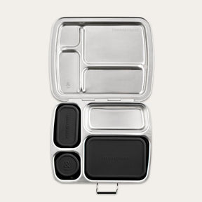 Seed & Sprout stainless steel CrunchBox bento lunch box featuring partitioned compartments and three leakproof silicone pots in liquorice.