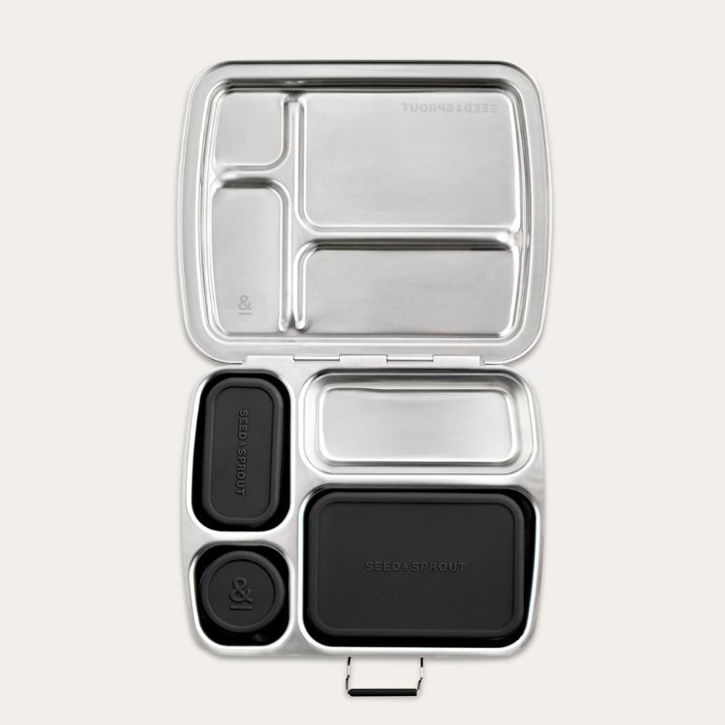 Seed & Sprout stainless steel CrunchBox bento lunch box featuring partitioned compartments and three leakproof silicone pots in liquorice.