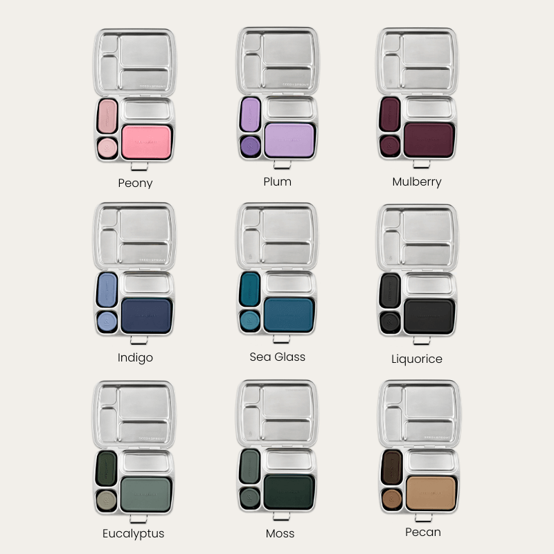 Seed & Sprout CrunchBox color swatch guide displaying nine silicone insert color options.