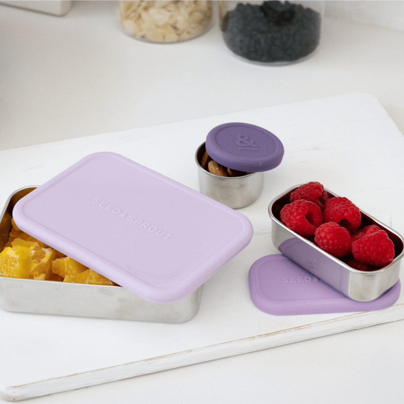 Seed & Sprout stainless steel containers and leakproof silicone pots in plum tones, filled with fresh fruit and snacks.