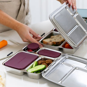 Seed & Sprout stainless steel CrunchBox bento lunch box in mulberry, packed with falafel, cucumber, and berries, with another lunch box containing a sandwich on the side.
