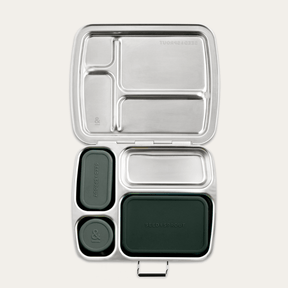 Seed & Sprout stainless steel CrunchBox bento lunch box featuring partitioned compartments and three leakproof silicone pots in moss.