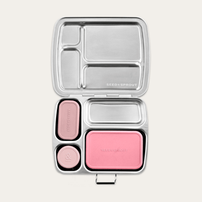 Seed & Sprout CrunchBox stainless steel bento lunch box with partitioned compartments and three leakproof silicone pots in peony.