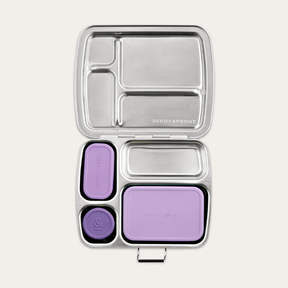 Seed & Sprout CrunchBox stainless steel bento lunch box featuring partitioned compartments and three leakproof plum silicone pots.