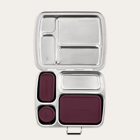 Seed & Sprout stainless steel CrunchBox bento lunch box featuring partitioned compartments and three leakproof silicone pots in mulberry.