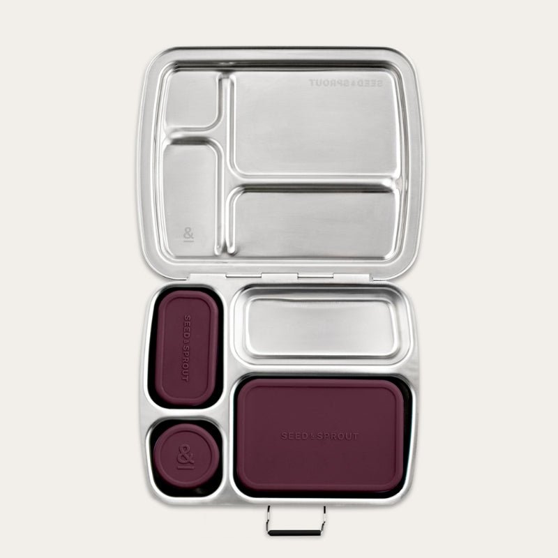 Seed & Sprout stainless steel CrunchBox bento lunch box featuring partitioned compartments and three leakproof silicone pots in mulberry.
