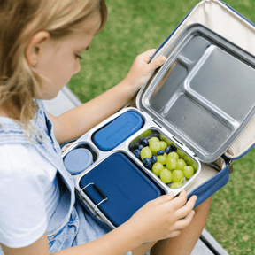 Young girl holding an open Seed & Sprout CrunchBox stainless steel bento lunch box filled with fresh green grapes and blueberries, seated outdoors on a grassy lawn.