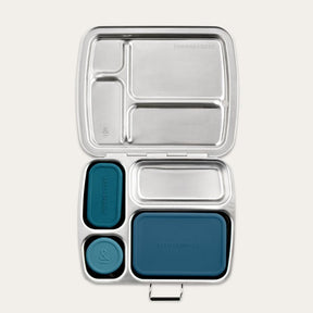 Seed & Sprout CrunchBox stainless steel bento lunch box featuring partitioned compartments and three leakproof silicone pots in sea glass colour.