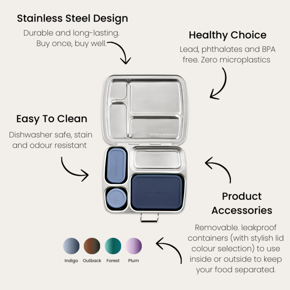 Seed & Sprout CrunchBox stainless steel bento lunch box featuring partitioned compartments, a durable stainless steel design, and removable leakproof silicone pots available in color options.