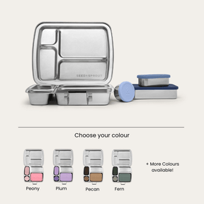 Seed & Sprout stainless steel CrunchBox bento lunch box displayed with matching silicone pots, alongside a color swatch selection guide.