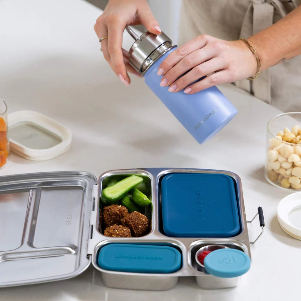 Seed & Sprout lilac 350ml insulated drink bottle and stainless steel bento lunch box meal prep setup.