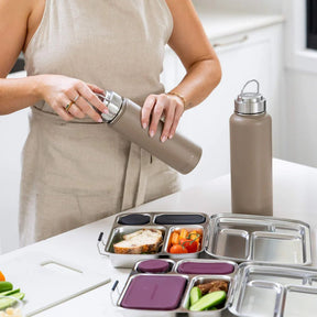 Seed & Sprout insulated drink bottles and bento lunch box meal prep setup.