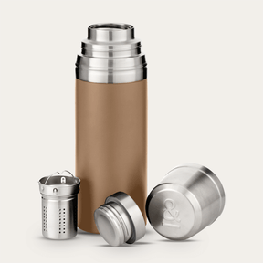 Seed & Sprout 900ml Insulated Stainless Steel Drink Flask in Praline with Tea Infuser and Cup Lid.