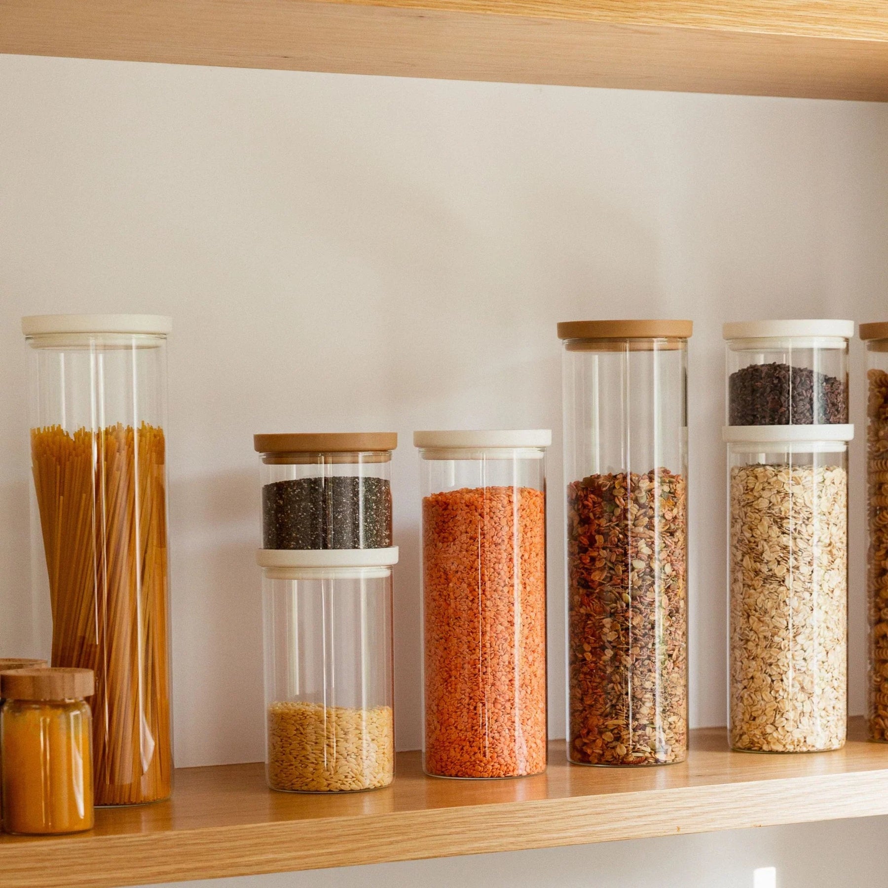 Seed & Sprout Wategos Round Glass Pantry Jars Wooden Shelf Storage Display.