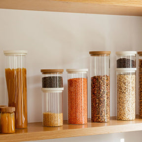 Seed & Sprout Wategos Round Glass Pantry Jars Wooden Shelf Storage Display.