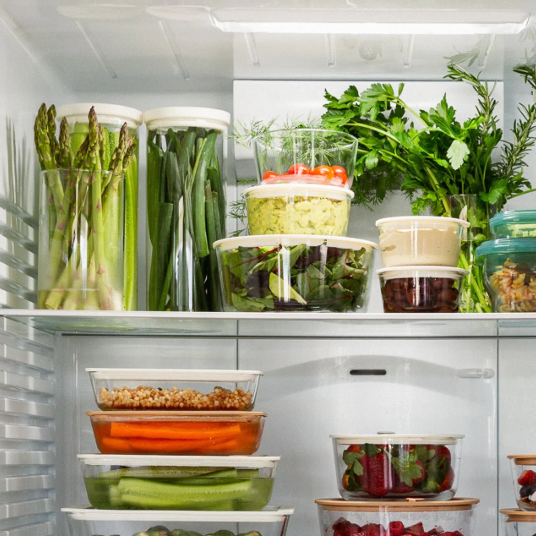 Seed & Sprout Glass Refrigerator Storage and Meal Prep Organization Set.